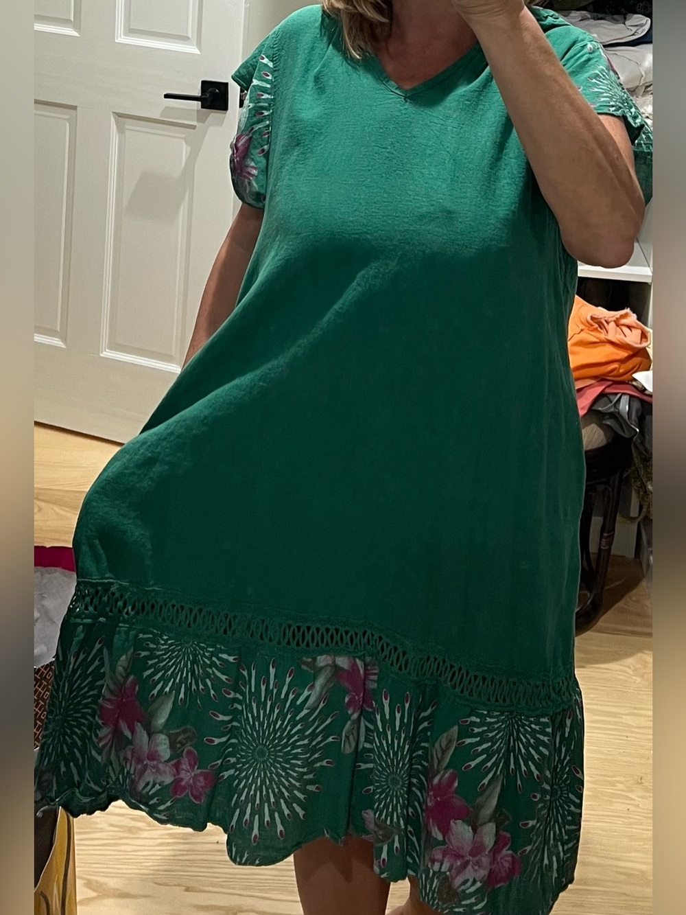 Anthropologie Emerald Green Floral-Trim linen Midi Dress a line size L